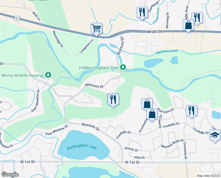 map of restaurants, bars, coffee shops, grocery stores, and more near 4805 Mariana Hills Circle in Loveland