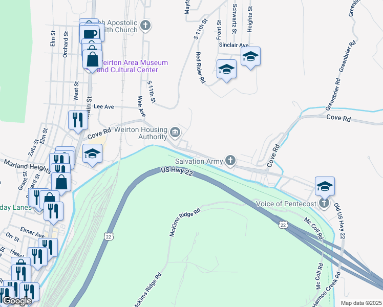 map of restaurants, bars, coffee shops, grocery stores, and more near 626 Cove Road in Weirton