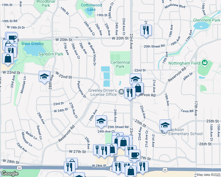 map of restaurants, bars, coffee shops, grocery stores, and more near 2481 West Reservoir Road in Greeley