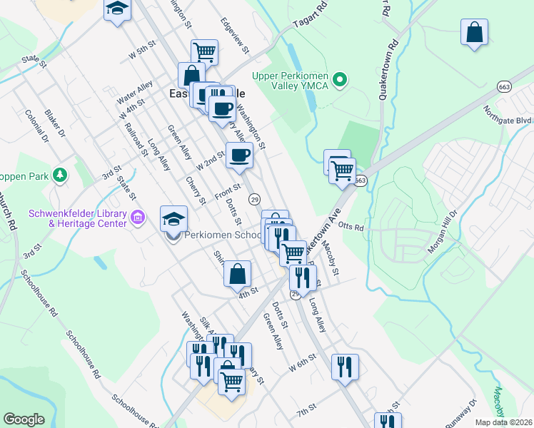 map of restaurants, bars, coffee shops, grocery stores, and more near 164 Main Street in Pennsburg