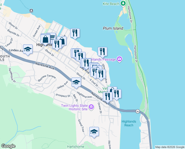 map of restaurants, bars, coffee shops, grocery stores, and more near 126 Bay Avenue in Highlands