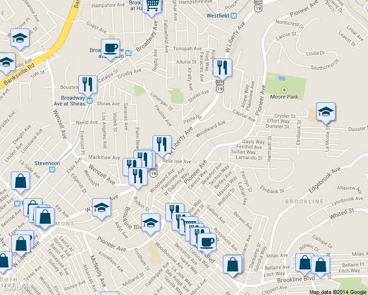 map of restaurants, bars, coffee shops, grocery stores, and more near 2216 Woodward Ave in Pittsburgh