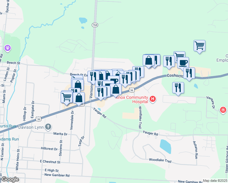 map of restaurants, bars, coffee shops, grocery stores, and more near 987 Coshocton Avenue in Mount Vernon