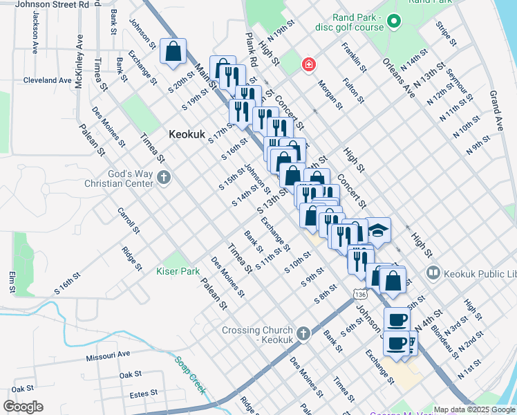 map of restaurants, bars, coffee shops, grocery stores, and more near 1303 Exchange Street in Keokuk