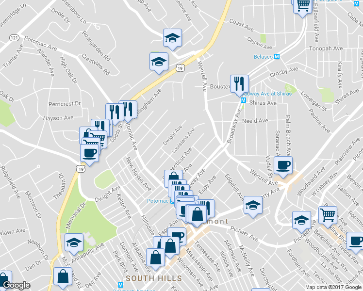map of restaurants, bars, coffee shops, grocery stores, and more near 2707 Louisiana Avenue in Pittsburgh