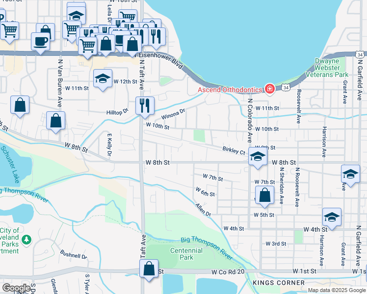 map of restaurants, bars, coffee shops, grocery stores, and more near 1109 Gard Place in Loveland