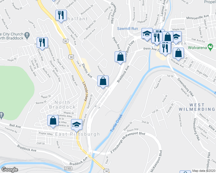 map of restaurants, bars, coffee shops, grocery stores, and more near 836 East Pittsburgh Mall in East Pittsburgh