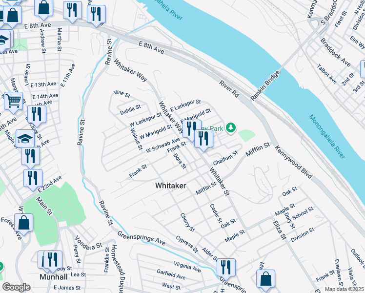 map of restaurants, bars, coffee shops, grocery stores, and more near 115 Frank Street in Homestead