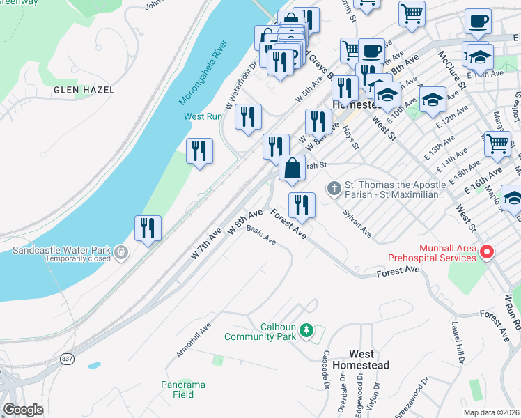 map of restaurants, bars, coffee shops, grocery stores, and more near 477 West 8th Avenue in West Homestead