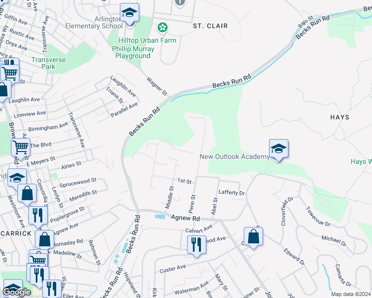map of restaurants, bars, coffee shops, grocery stores, and more near 623 North Street in Pittsburgh