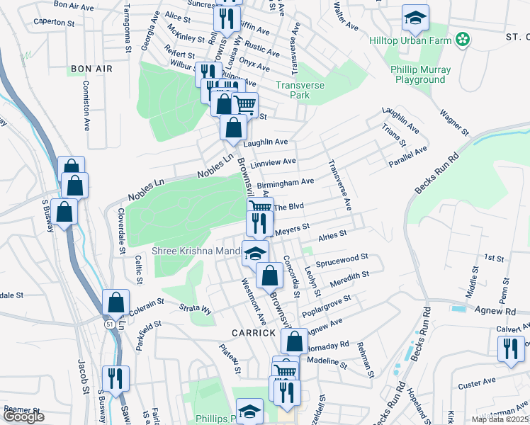 map of restaurants, bars, coffee shops, grocery stores, and more near 1503 Brownsville Road in Pittsburgh