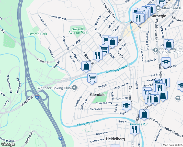 map of restaurants, bars, coffee shops, grocery stores, and more near 803 West Main Street in Carnegie