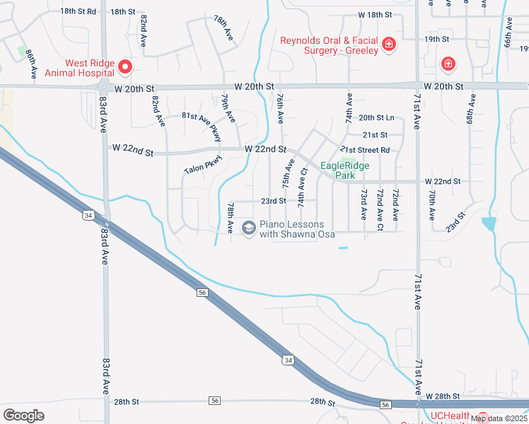 map of restaurants, bars, coffee shops, grocery stores, and more near 2315 76th Avenue Court in Greeley