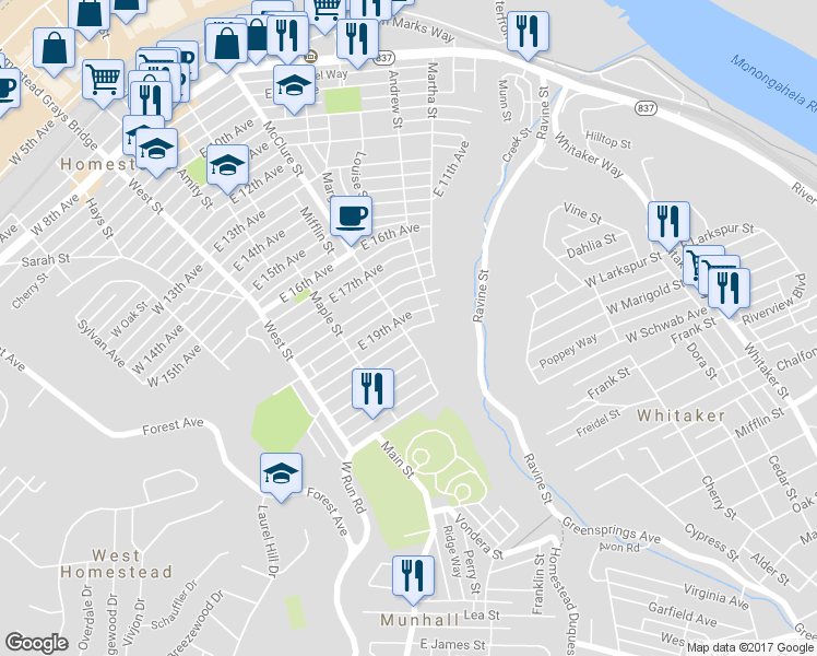 map of restaurants, bars, coffee shops, grocery stores, and more near 1909 McClure Street in Homestead