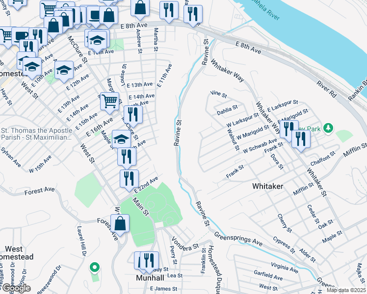 map of restaurants, bars, coffee shops, grocery stores, and more near 1221 Coal Road in Munhall