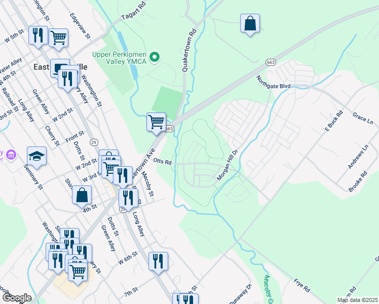 map of restaurants, bars, coffee shops, grocery stores, and more near 2051 Morgan Hill Drive in Pennsburg