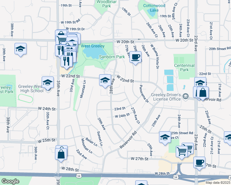 map of restaurants, bars, coffee shops, grocery stores, and more near 2739 West 22nd Street Lane in Greeley