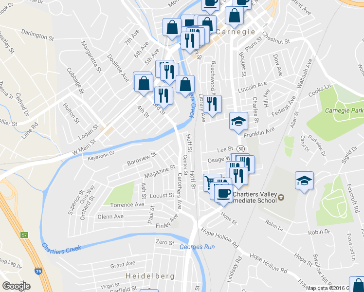 map of restaurants, bars, coffee shops, grocery stores, and more near 417 Carothers Avenue in Carnegie