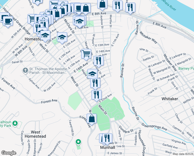 map of restaurants, bars, coffee shops, grocery stores, and more near in Homestead