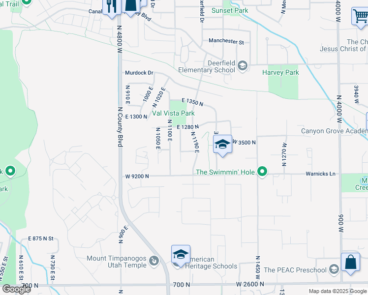 map of restaurants, bars, coffee shops, grocery stores, and more near 1196 N 1150 E in American Fork