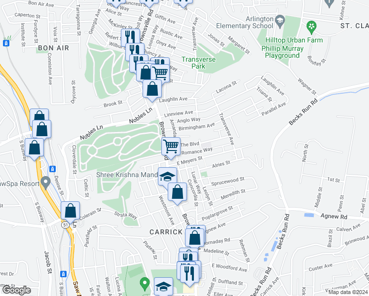 map of restaurants, bars, coffee shops, grocery stores, and more near 118 The Boulevard in Pittsburgh