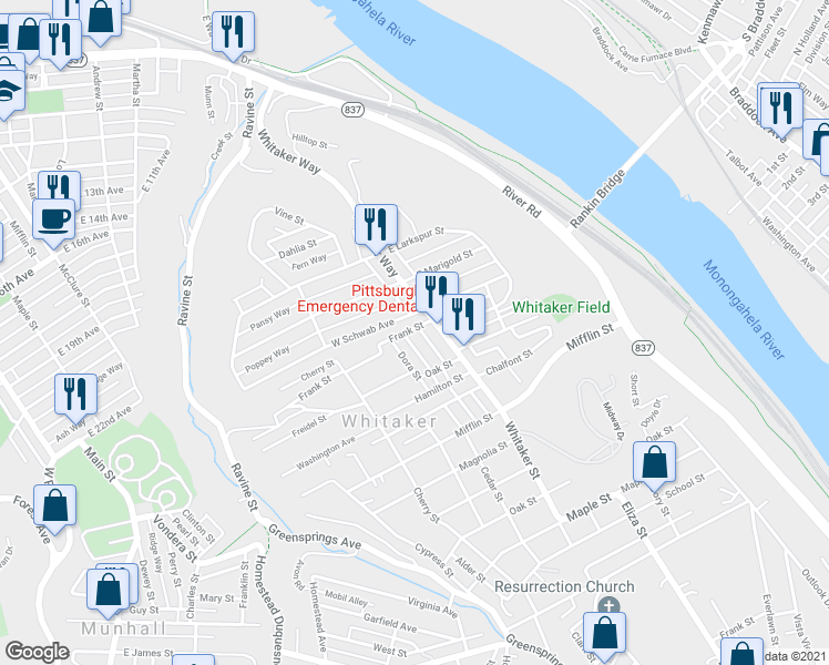 map of restaurants, bars, coffee shops, grocery stores, and more near 115 Frank Street in Homestead