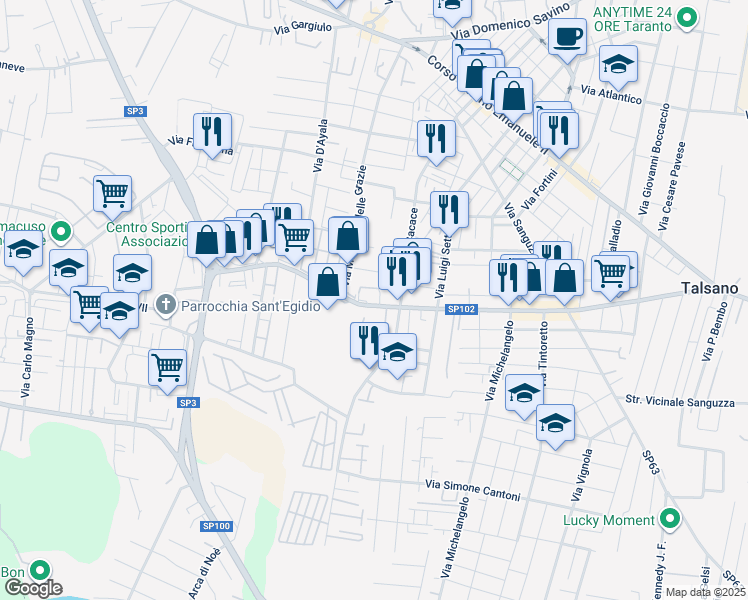 map of restaurants, bars, coffee shops, grocery stores, and more near 180 Viale Europa in Taranto