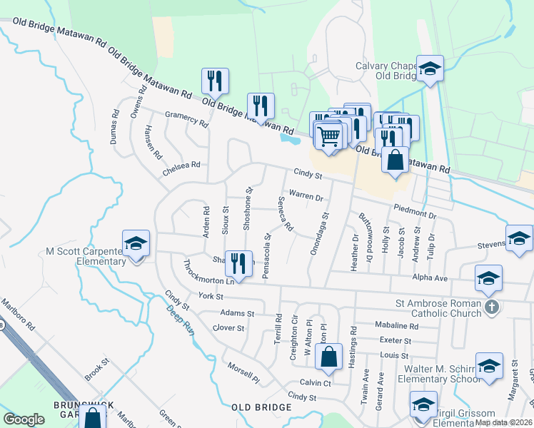 map of restaurants, bars, coffee shops, grocery stores, and more near 9 Teton Place in Old Bridge