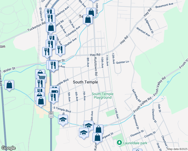 map of restaurants, bars, coffee shops, grocery stores, and more near 4311 Kutztown Road in Temple