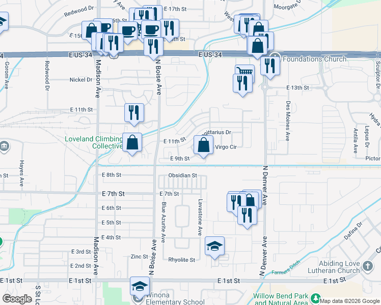map of restaurants, bars, coffee shops, grocery stores, and more near 943 Libra Court in Loveland