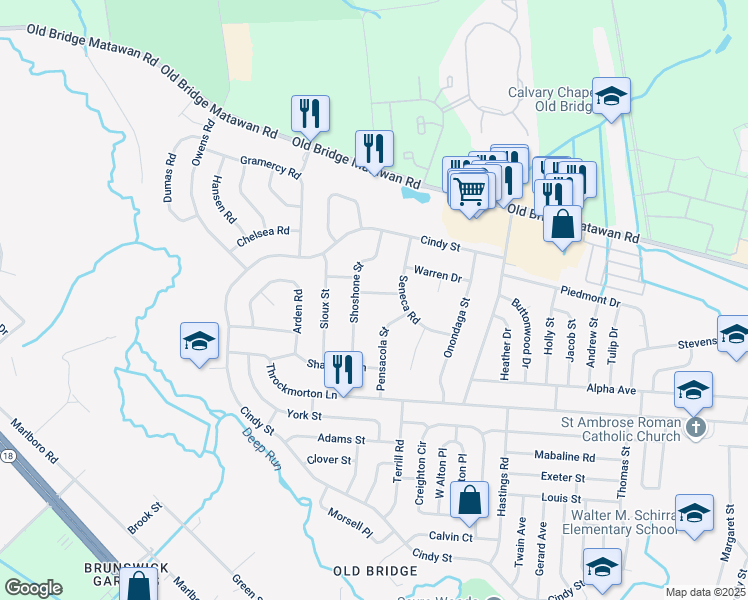 map of restaurants, bars, coffee shops, grocery stores, and more near 9 Teton Place in Old Bridge