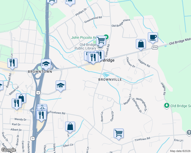map of restaurants, bars, coffee shops, grocery stores, and more near 8 Cottrell Court in Old Bridge
