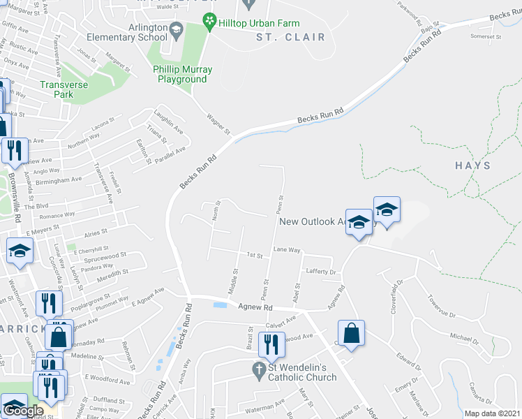 map of restaurants, bars, coffee shops, grocery stores, and more near 623 North Street in Pittsburgh