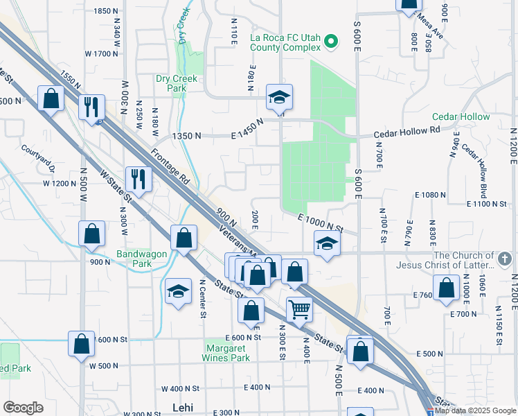 map of restaurants, bars, coffee shops, grocery stores, and more near 1044 200 East in Lehi