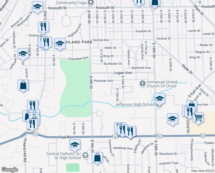 map of restaurants, bars, coffee shops, grocery stores, and more near 1617 South 12th Street in Lafayette
