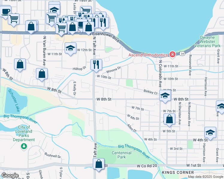 map of restaurants, bars, coffee shops, grocery stores, and more near 1126 Gard Place in Loveland