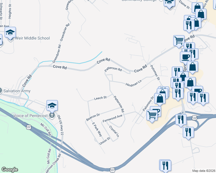map of restaurants, bars, coffee shops, grocery stores, and more near 165 Patterson Rd in Weirton