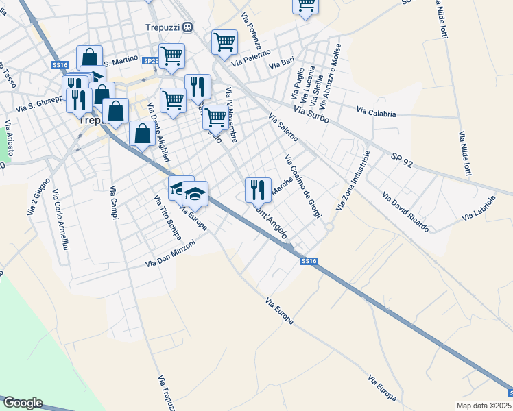 map of restaurants, bars, coffee shops, grocery stores, and more near 227A Via Sant'Angelo in Trepuzzi