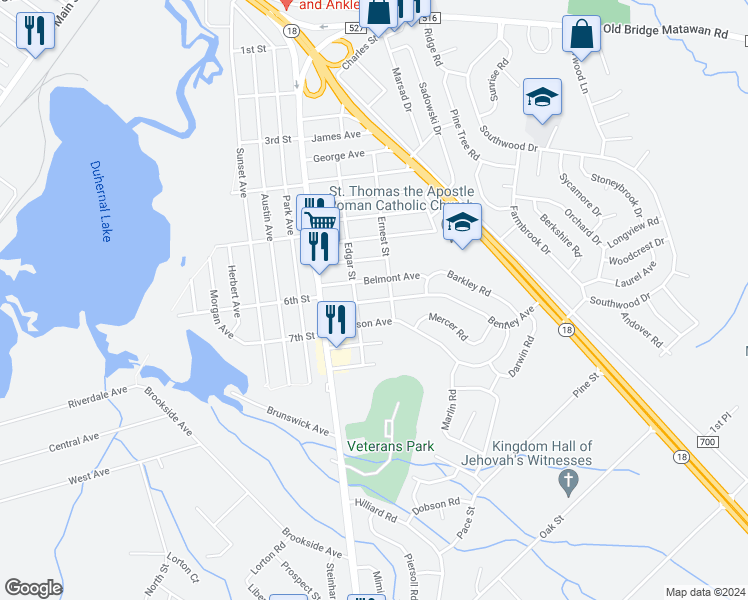 map of restaurants, bars, coffee shops, grocery stores, and more near 74 Bentley Avenue in Old Bridge