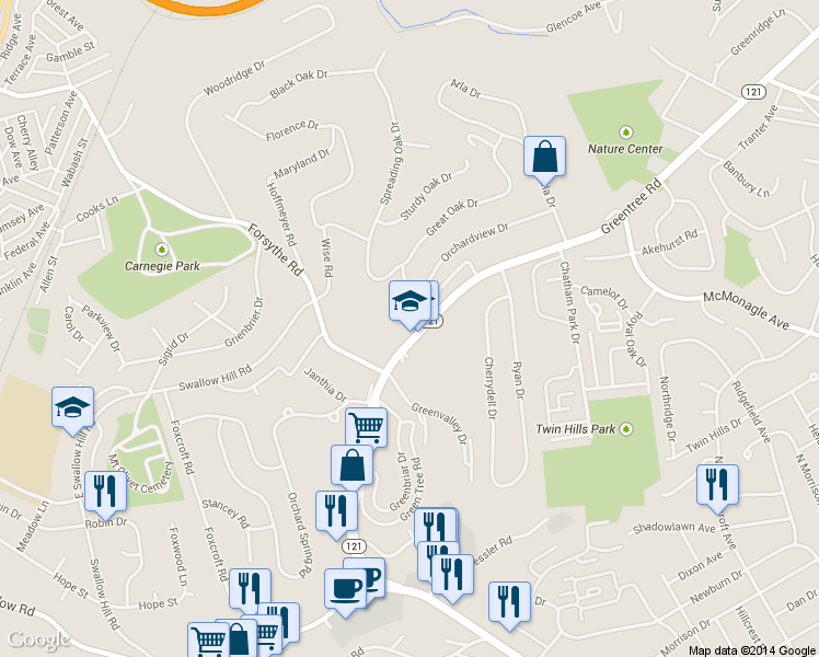 map of restaurants, bars, coffee shops, grocery stores, and more near 1618 Greentree Rd in Pittsburgh