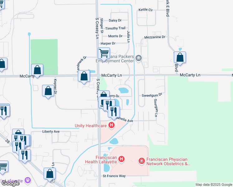 map of restaurants, bars, coffee shops, grocery stores, and more near 3814 Burberry Drive in Lafayette