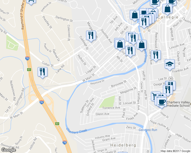 map of restaurants, bars, coffee shops, grocery stores, and more near 803 West Main Street in Carnegie