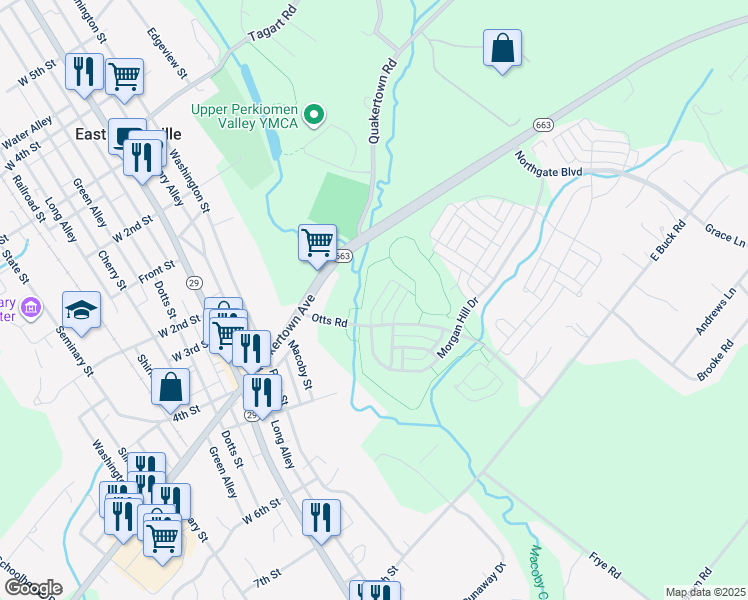 map of restaurants, bars, coffee shops, grocery stores, and more near 2032 Morgan Hill Drive in Pennsburg