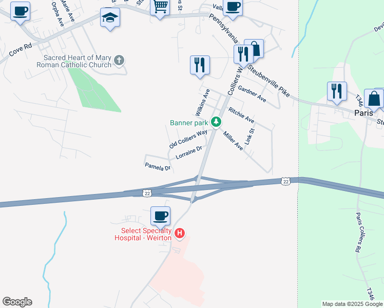 map of restaurants, bars, coffee shops, grocery stores, and more near 219 Lorraine Dr in Weirton