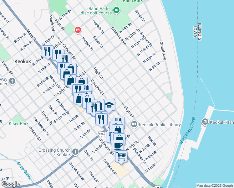 map of restaurants, bars, coffee shops, grocery stores, and more near 315 North 9th Street in Keokuk