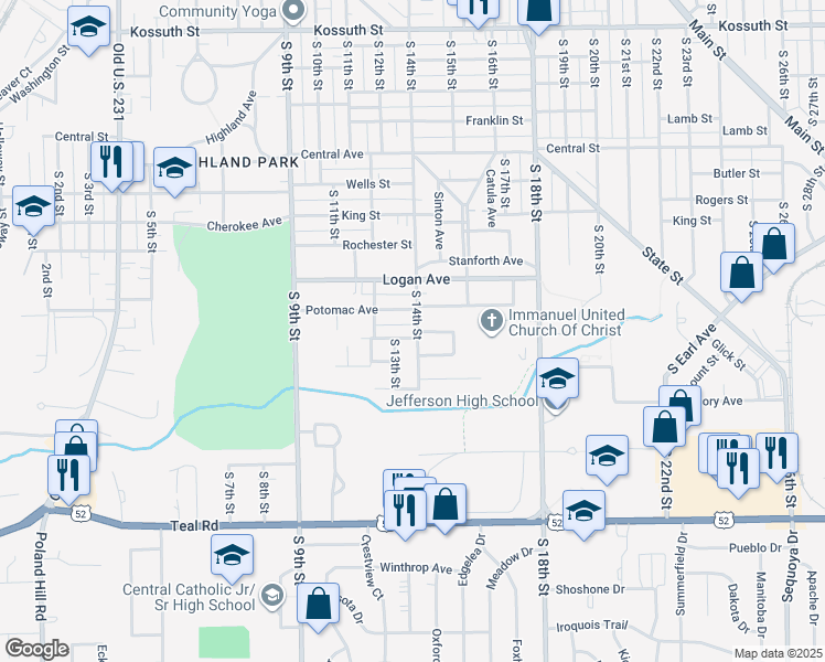 map of restaurants, bars, coffee shops, grocery stores, and more near 1616 South 14th Street in Lafayette