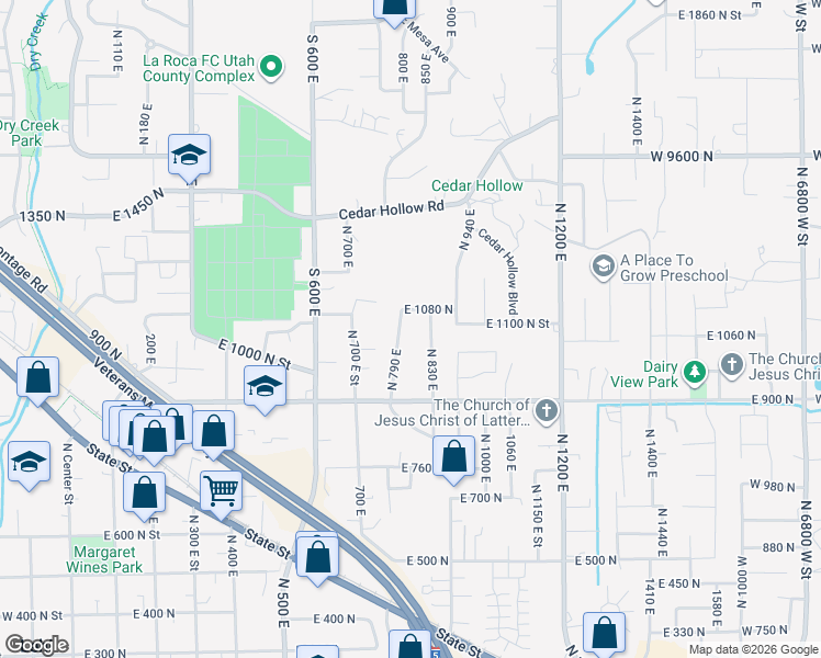 map of restaurants, bars, coffee shops, grocery stores, and more near 1045 North 830 East in Lehi