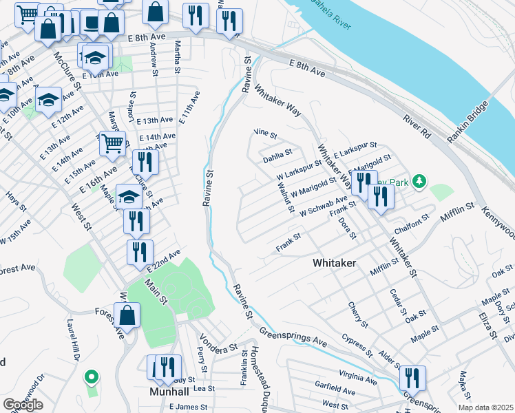 map of restaurants, bars, coffee shops, grocery stores, and more near 248 West Marigold Street in Munhall