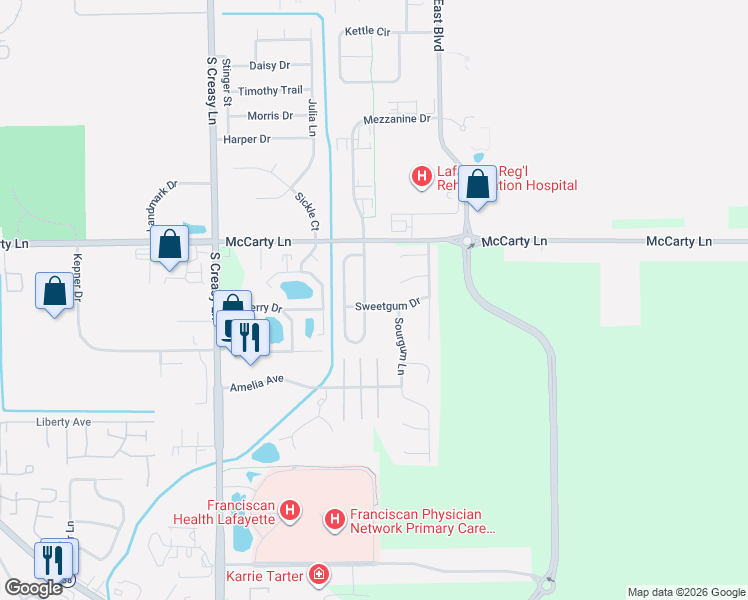 map of restaurants, bars, coffee shops, grocery stores, and more near 1043 Hornbeam Cir E in Lafayette