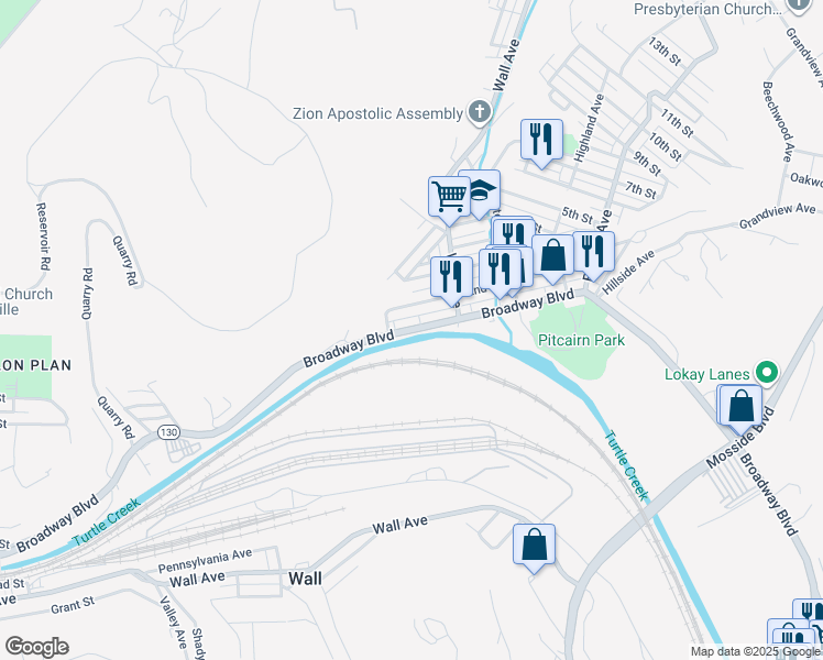map of restaurants, bars, coffee shops, grocery stores, and more near 308 Broadway Boulevard in Pitcairn